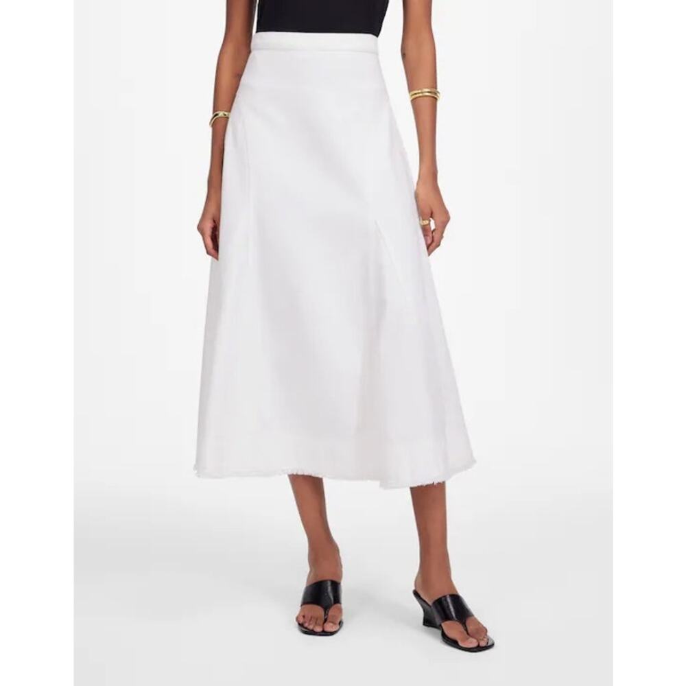 NWT Madewell Fluted Flared Denim Midi Skirt Distressed Hem In Tile White Size 32